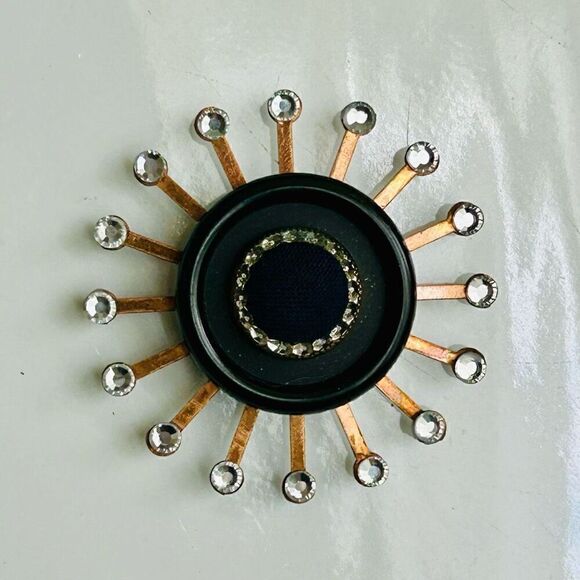 Upcycled Atomic Starburst Refrigerator Magnet Buttons Rhinestones Black - Picture 1 of 3